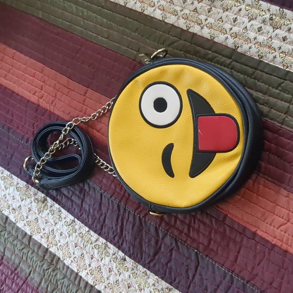EMOJI novelty bag double sided circular zip top w/ chain and faux leather strap - Picture 3 of 9